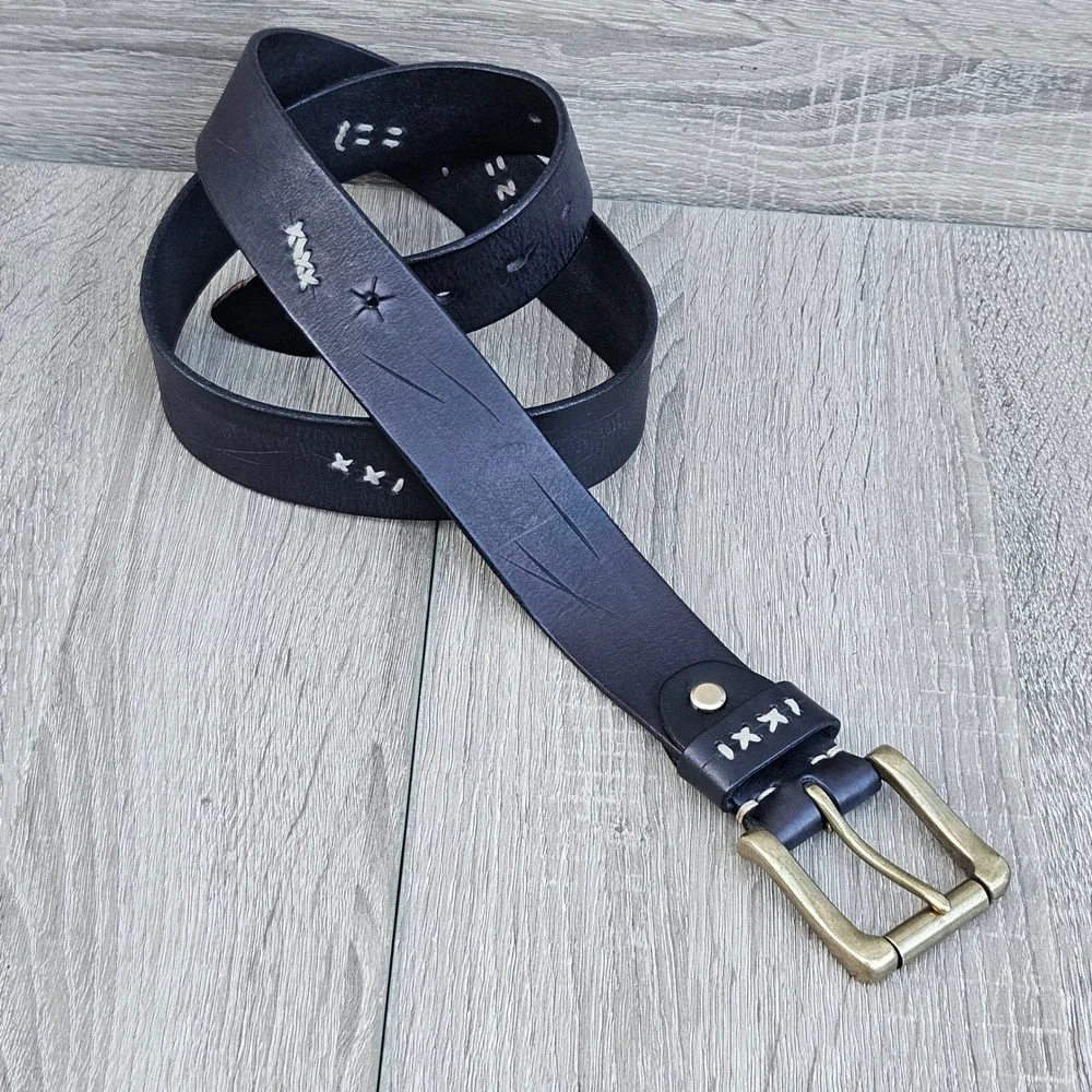 Handmade Black Italian Leather Belt XL Antique Brass Buckle Cross Stitch Rugged